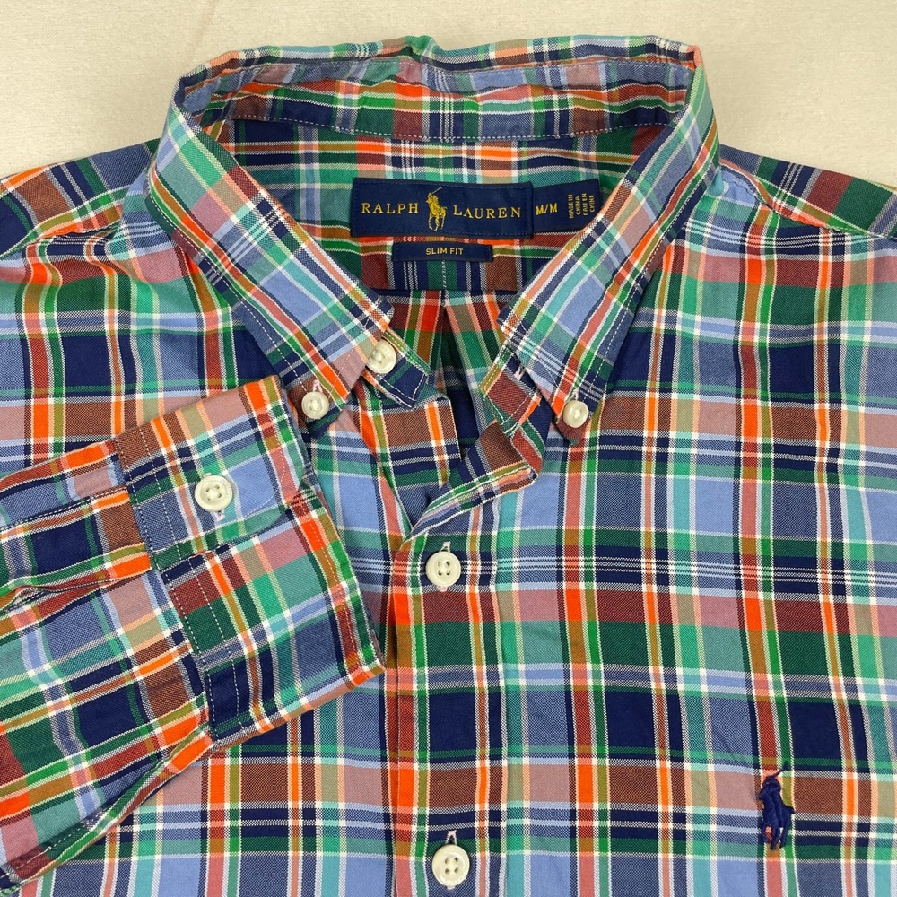 Ralph Lauren Mens Slim Fit Plaid Button Down Shirt Blue Green Orange Medium